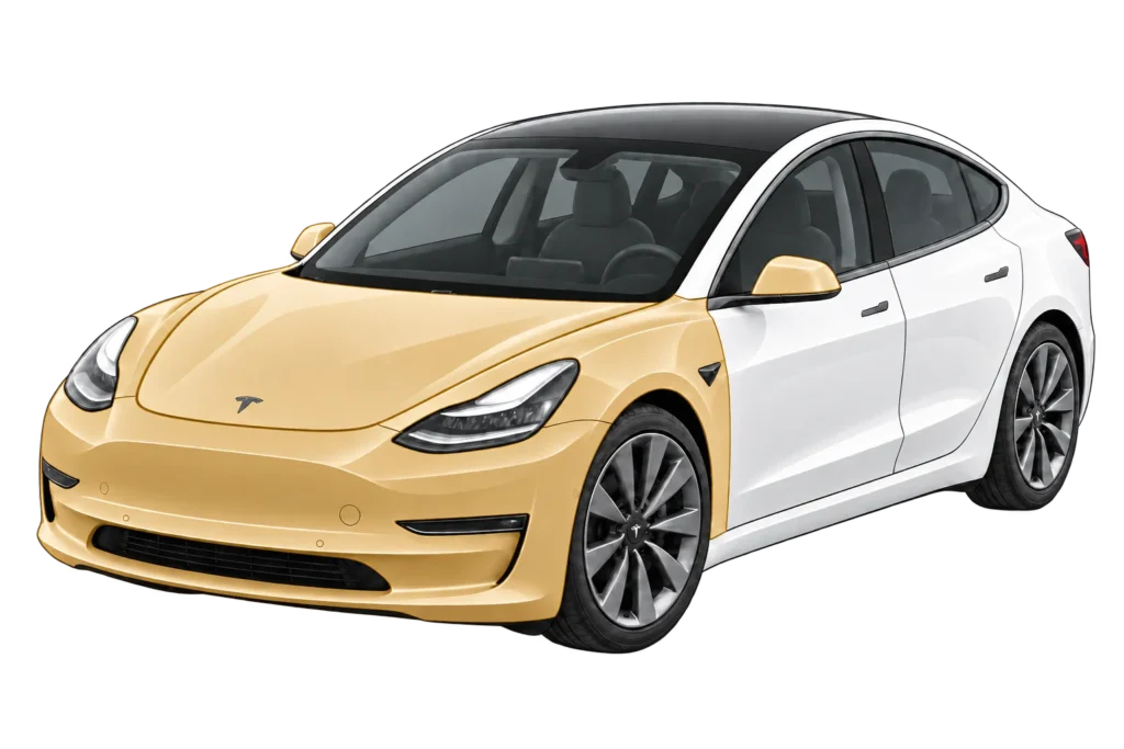 Tesla Model 3 med PPF skydd på motorhuv, framskärmar, främre stötfångare och backspeglar markerat i guld
